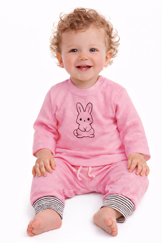 Baby Anzug Langarmshirt und Mitwachshose in Rosa mit Hasen