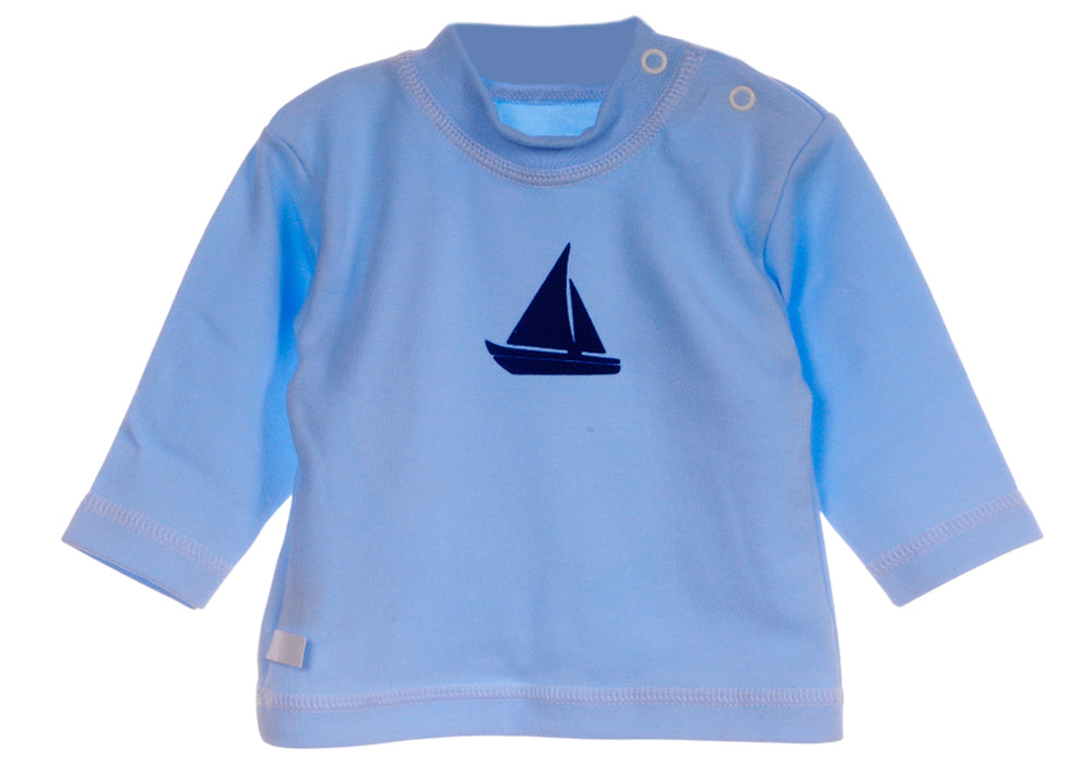 Baby Anzug Langarmshirt und Mitwachshose in Blau mit Segelboot