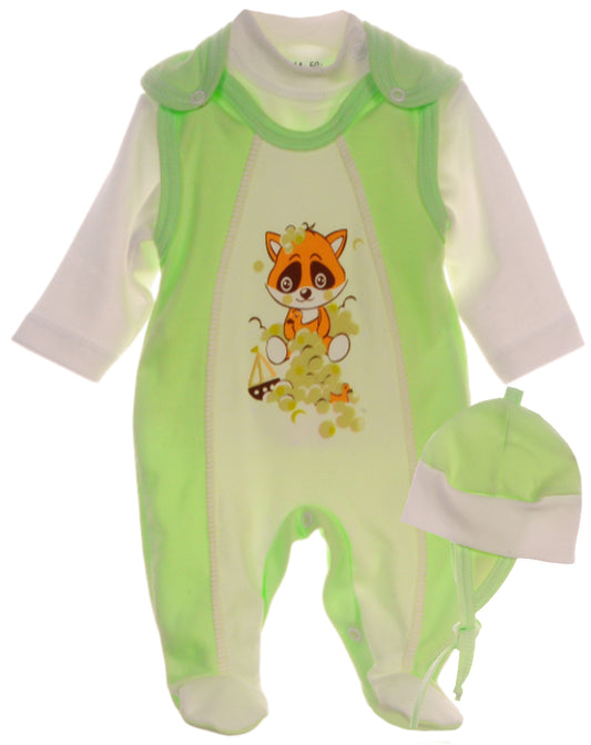 Strampler Mütze und Hemdchen Baby Anzug in creme grün mit Waschbär