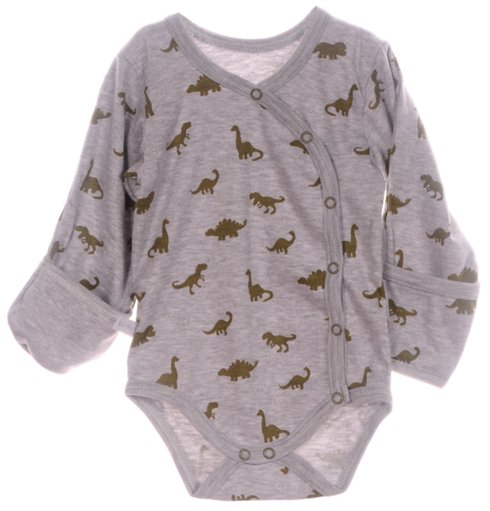 Wickelbody und Strampler Baby Set 2Tlg in Grau Khaki mit Dinos Muster