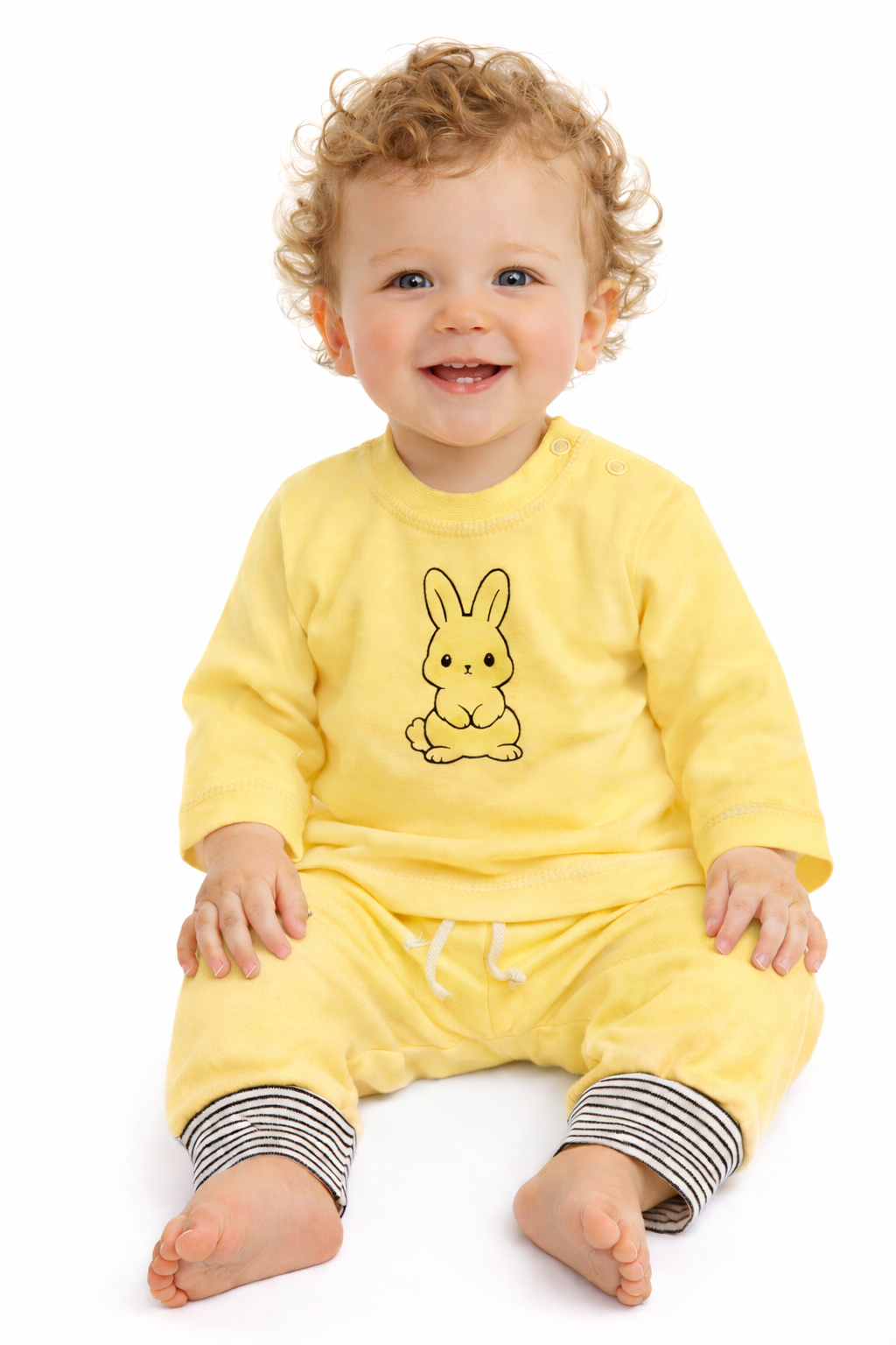 Baby Anzug Langarmshirt und Mitwachshose in Gelb mit Hasen