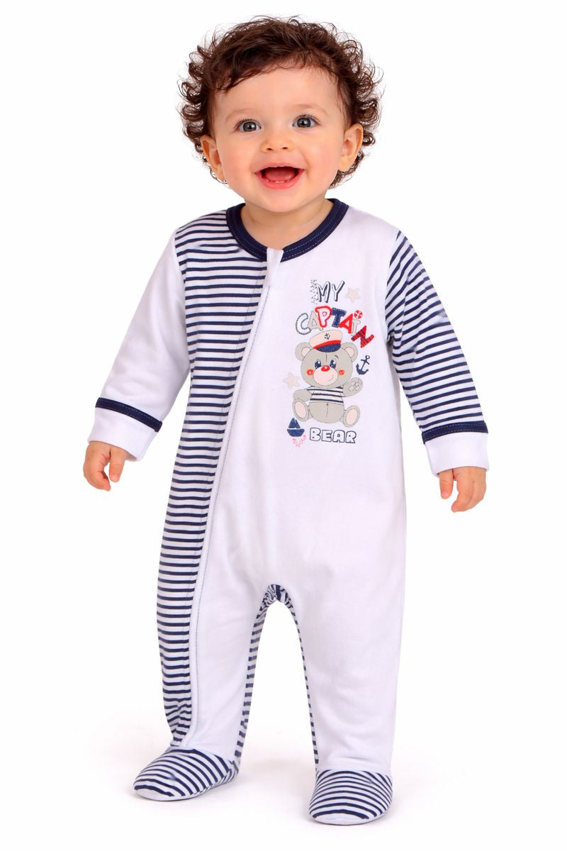 Baby Strampler Einteiler mit Reißverschluss gestreift mit Bär