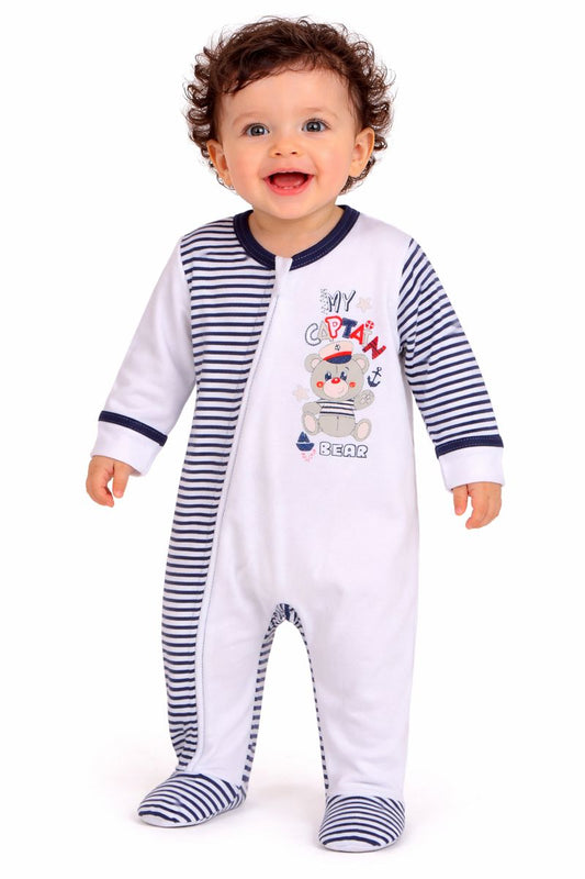 Baby Strampler Einteiler mit Reißverschluss gestreift mit Bär
