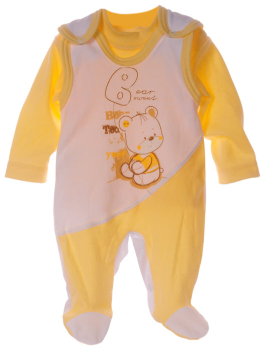 Strampler Mütze und Hemdchen Baby Anzug 3Tlg in Gelb mit Bärchen