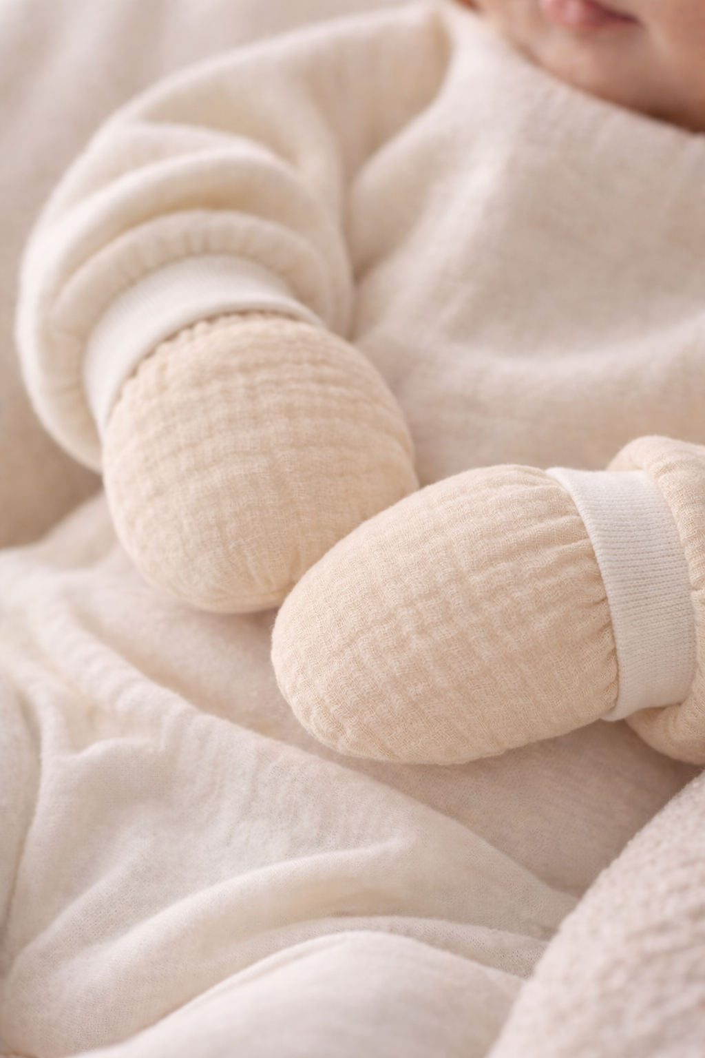 Baby Kratzfüustlinge 2er Pack aus Musselin creme weiß