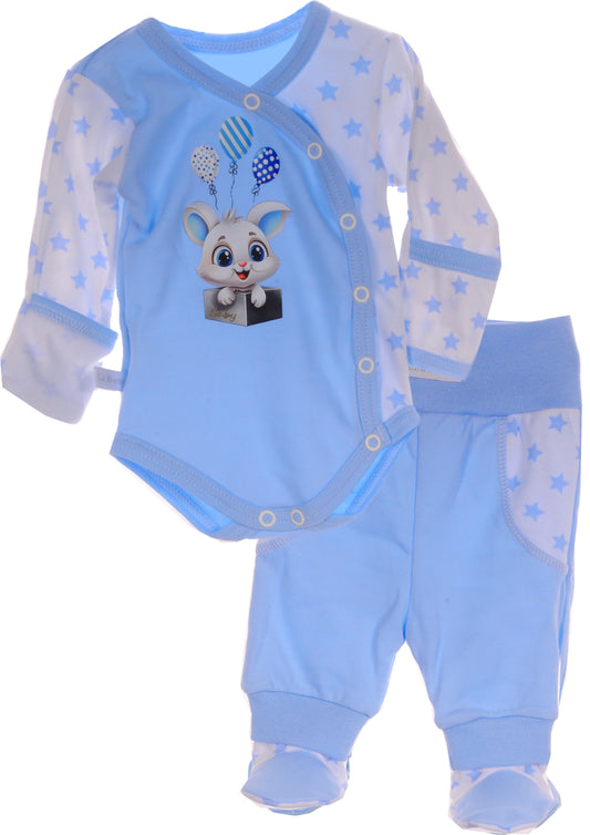 Body und Hose Baby Anzug Wickelbody in Blau mit Sternchen und Hasen