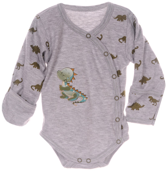 Baby Body Wickelbody langarm in Grau mit Dino-Muster