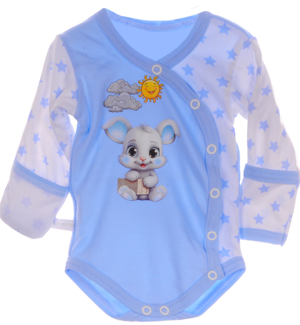 Body und Hose Baby Anzug Wickelbody in Blau mit Hasen