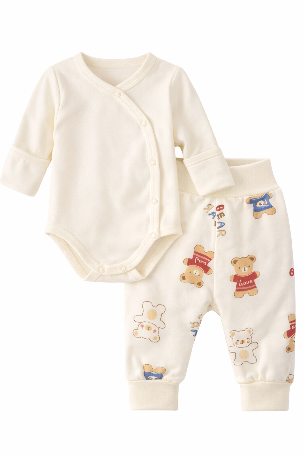 Body und Hose Baby Anzug Wickelbody in Creme mit Bärchen