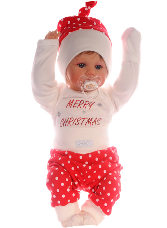 Baby Anzug für Weihnachten Wickelbody Hose Mütze Socken Set in Rot creme