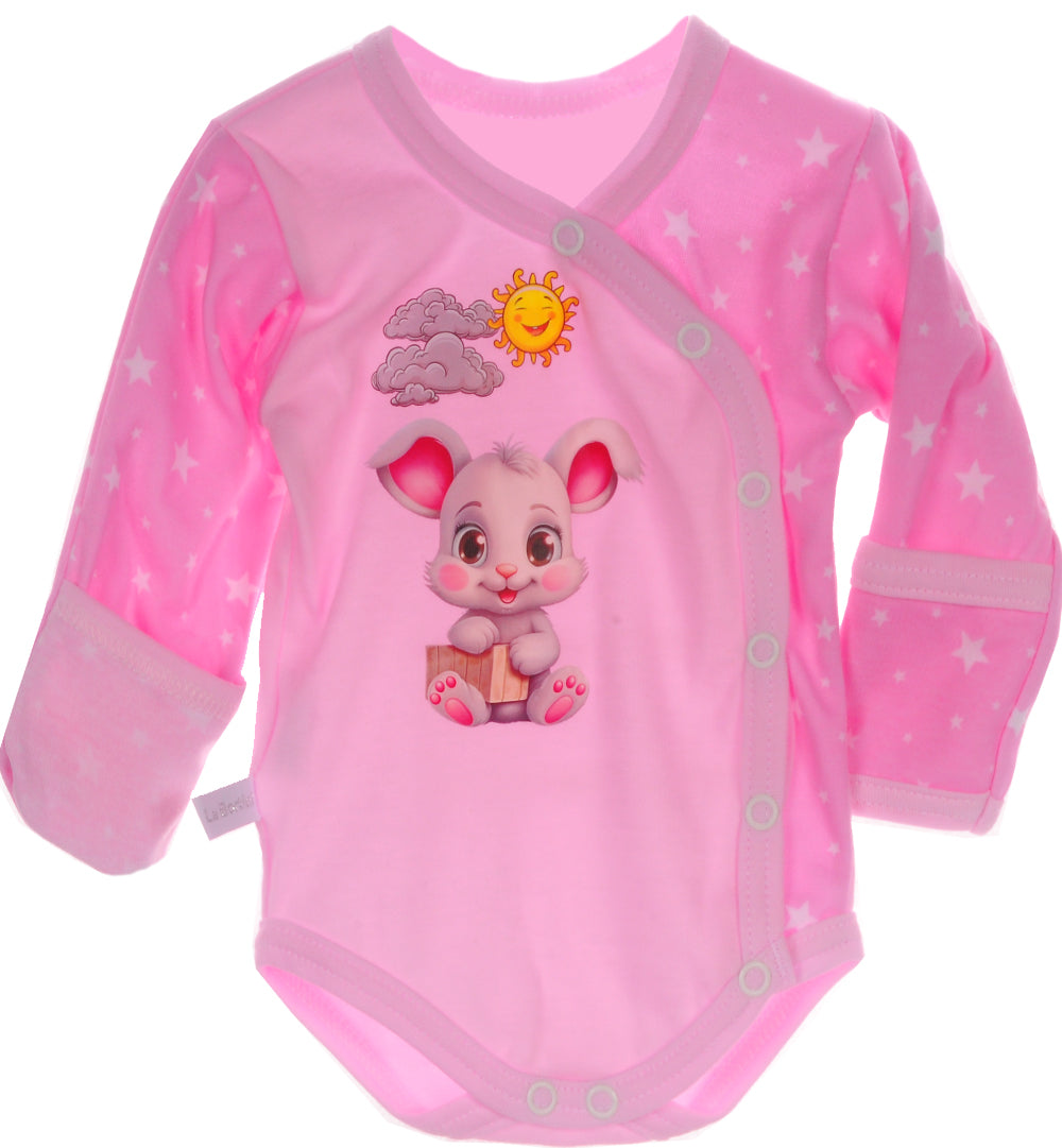 Body und Hose Baby Anzug Wickelbody in Rosa mit Häschen und Sonne