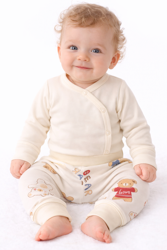 Body und Hose Baby Anzug Wickelbody in Creme mit Bärchen