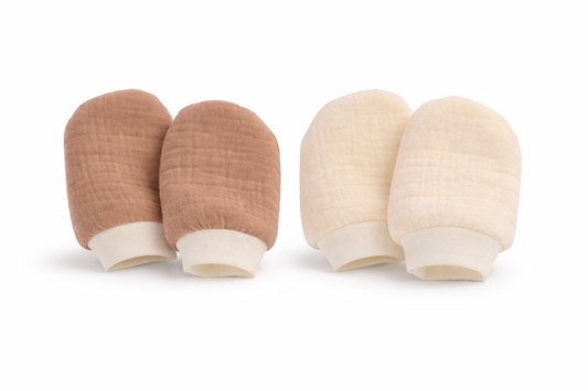 Baby Kratzfüustlinge 2er Pack aus Musselin creme braun