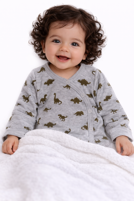 Baby Body Wickelbody langarm in Grau mit Dino Muster