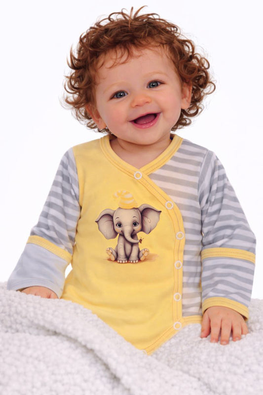 Baby Body Wickelbody langarm in Gelb mit Elefanten Aufdruck