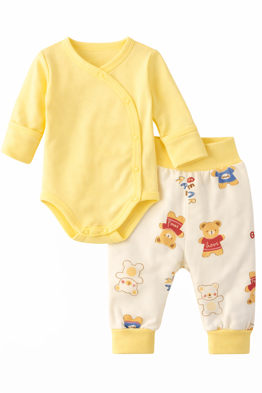 Body und Hose Baby Anzug Wickelbody in Gelb mit Bärchen