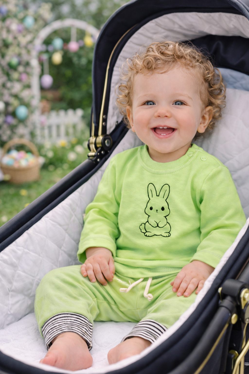 Baby Anzug Langarmshirt und Mitwachshose in Grün mit Hasen