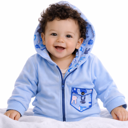 Baby Jacke Swetjacke mit Kapuze in Blau mit Hasenmuster
