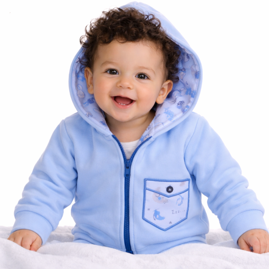 Baby Jacke Swetjacke mit Kapuze in Blau mit Wolkenmuster