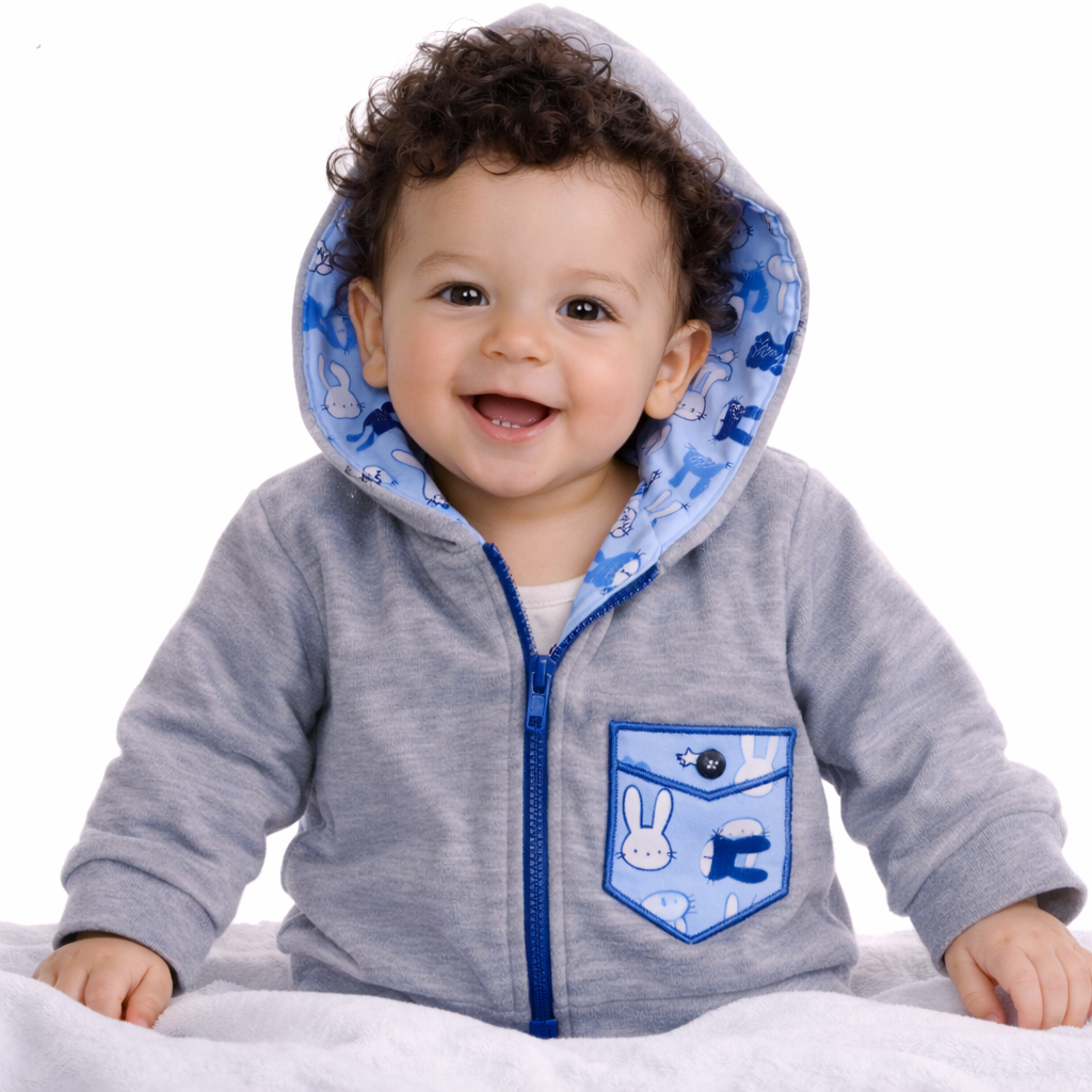 Baby Jacke Swetjacke mit Kapuze in Grau mit Hasenmuster