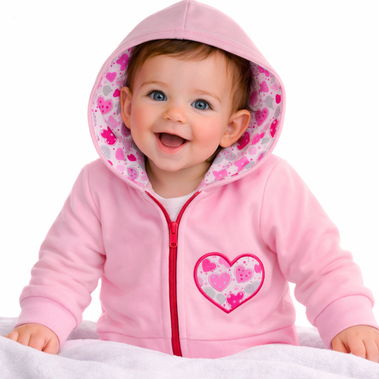 Baby Jacke Swetjacke mit Kapuze in Rosa mit Herzenmuster