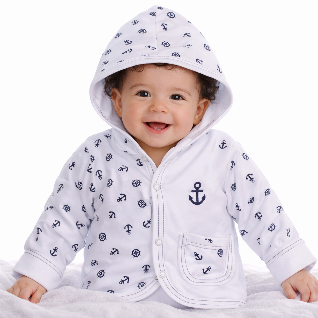 Baby Jacke Swetjacke mit Kapuze in Weiß Blau mit Anker