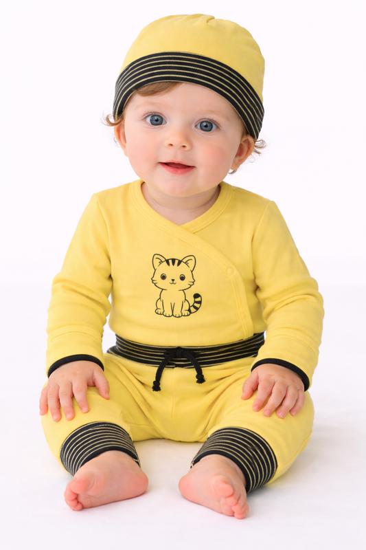 Baby Anzug 3-teilig Wickelbody Mitwachshose Mütze Set in Gelb