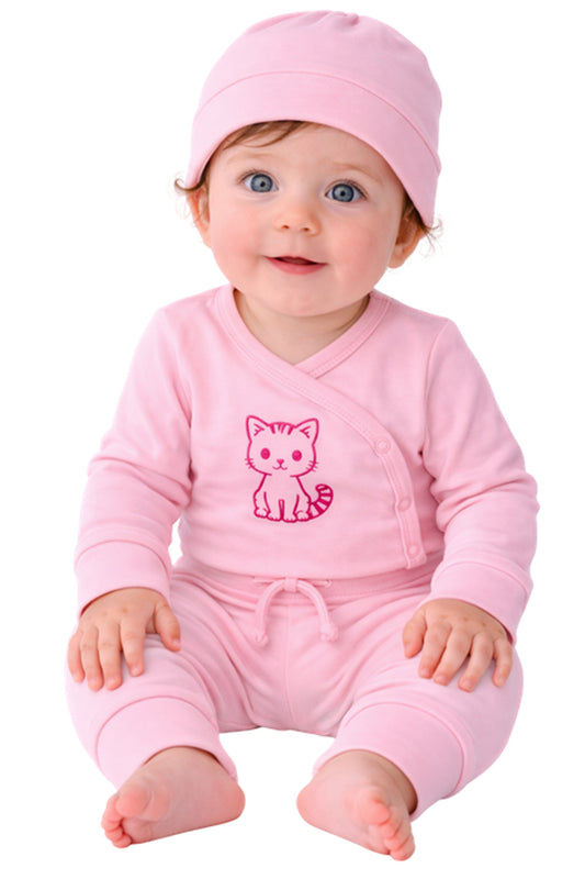 Baby Anzug 3-teilig Wickelbody Mitwachshose Mütze Set in Rosa