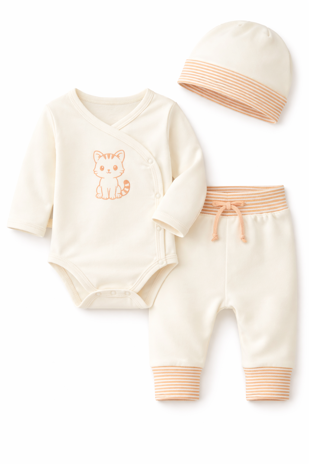 Baby Anzug 3-teilig Wickelbody Mitwachshose Mütze Set in creme