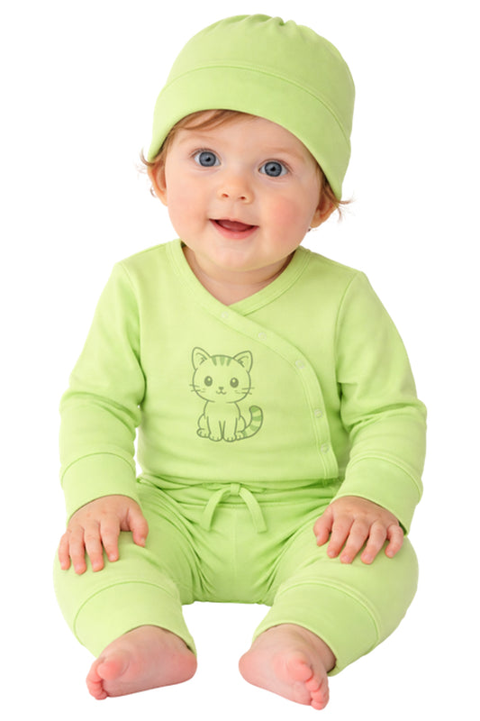 Baby Anzug 3-teilig Wickelbody Mitwachshose Mütze Set in Grün