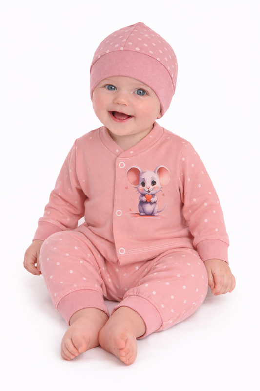 Baby Anzug 3-teilig Hemdchen Hose Mütze in Altrosa mit Mäuschen