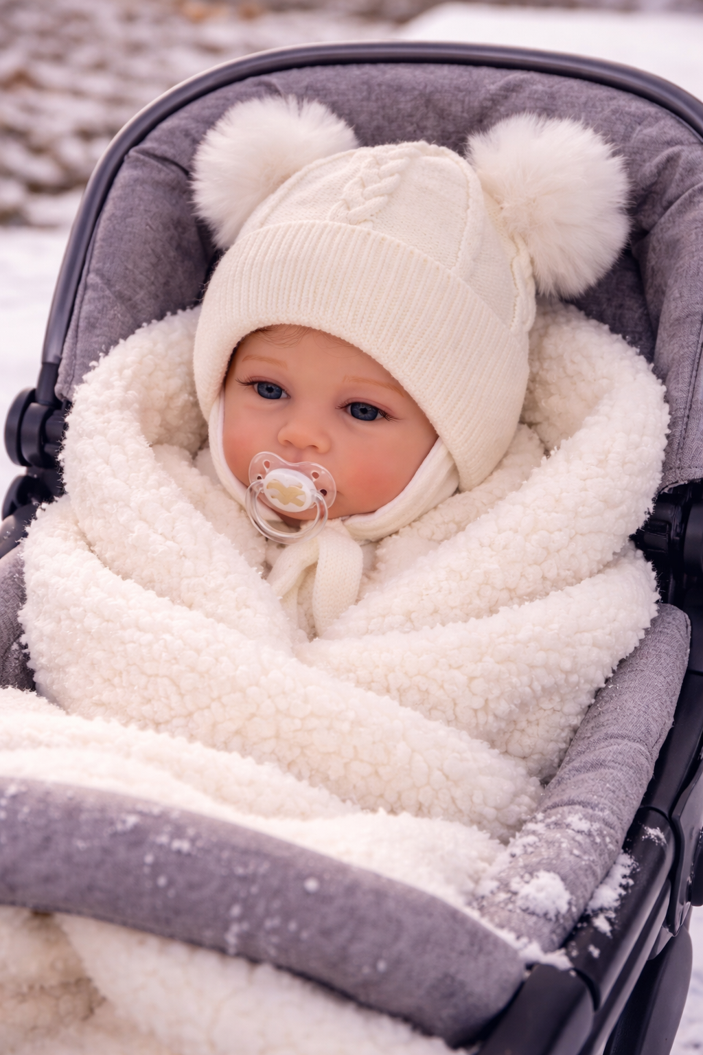 Mütze mit Bommeln Babymütze in Creme