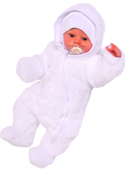 Baby Overall in Weiß Fleece Wagenanzug in Weiß mit Schnecken Übergangsoverall