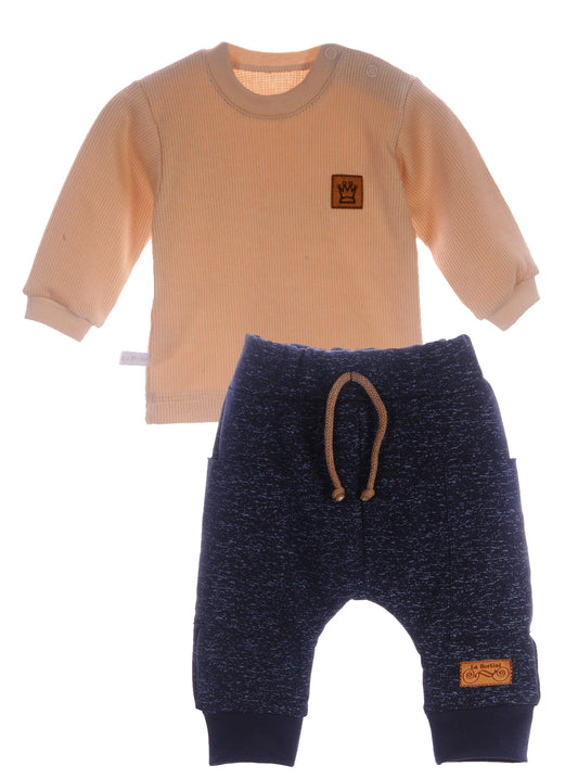 Baby Anzug 2tlg Hose und Langarmshirt in Beige Blau 56 62 68 74 80 86 92 98