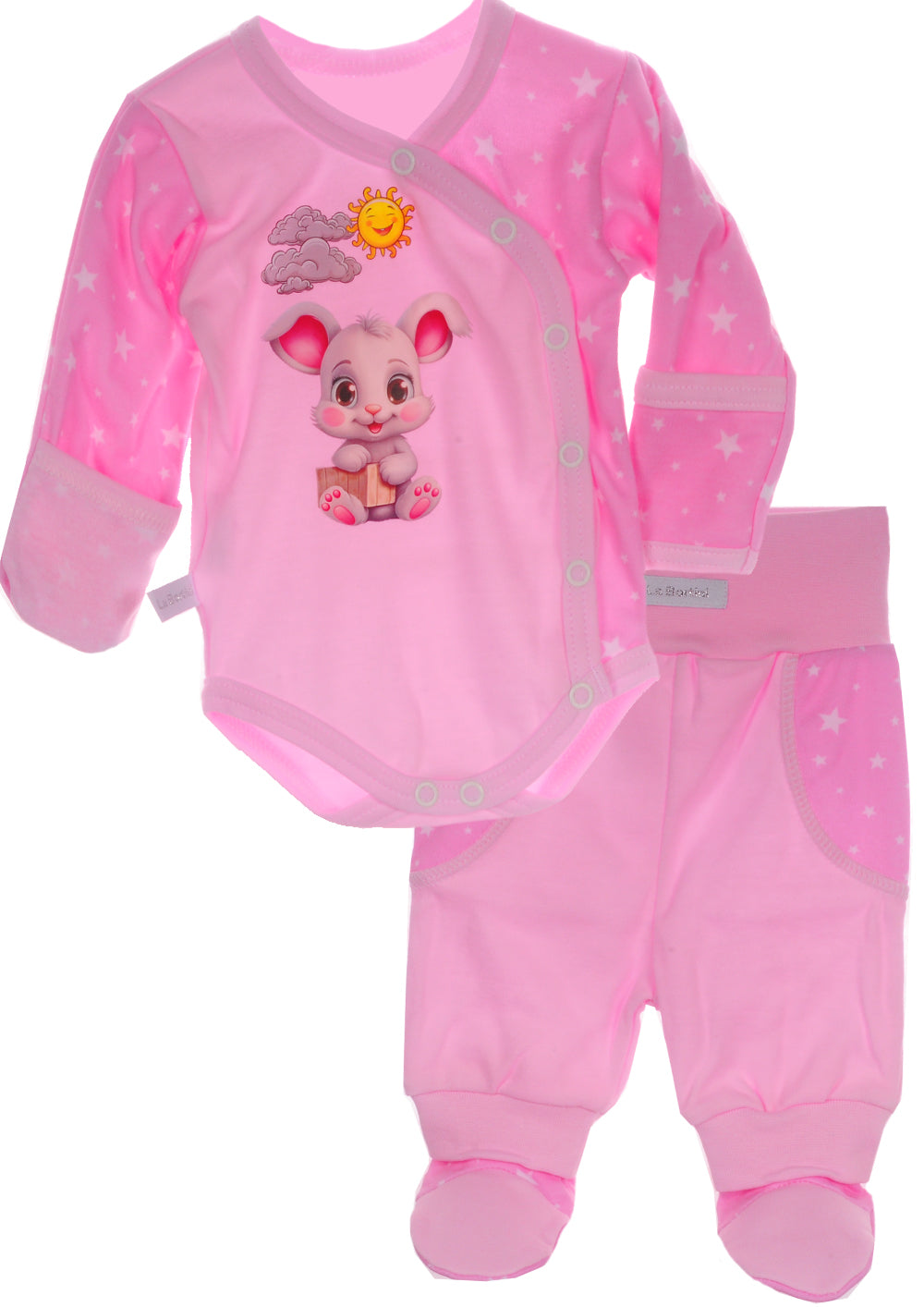 Body und Hose Baby Anzug Wickelbody in Rosa mit Häschen und Sonne