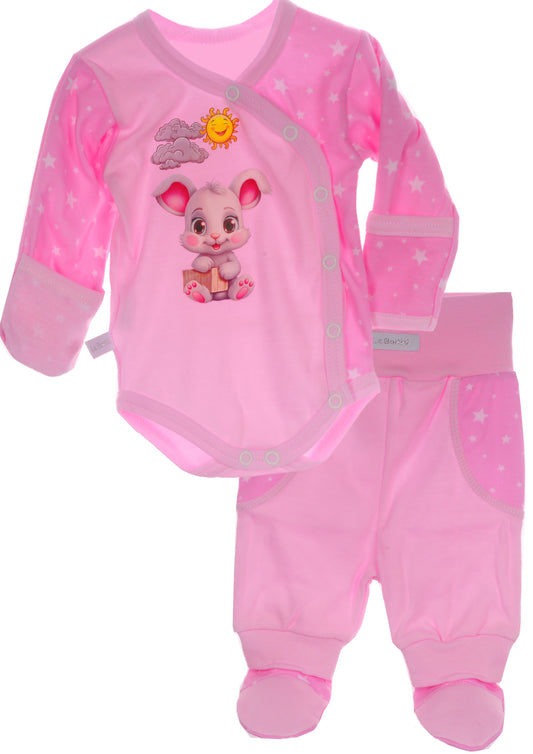 Body und Hose Baby Anzug Wickelbody in Rosa mit Häschen und Sonne