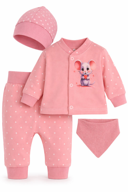 Baby Anzug 4-teilig Hemdchen Hose Mütze Dreieckstuch in Altrosa mit Maus