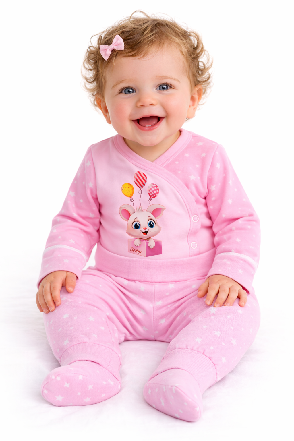 Body und Hose Baby Anzug Wickelbody in Rosa mit Hasen