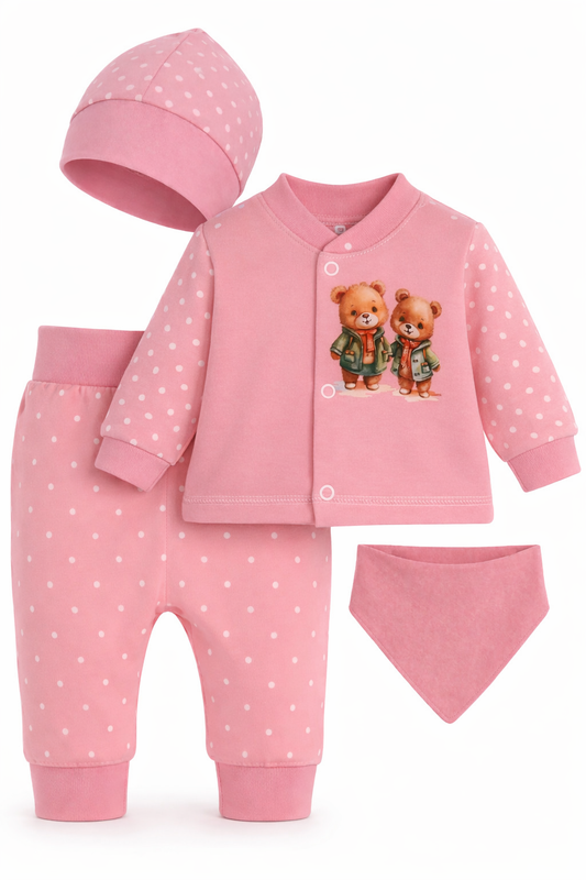 Baby Anzug 4-teilig Hemdchen Hose Mütze Dreieckstuch in Altrosa mit Bären