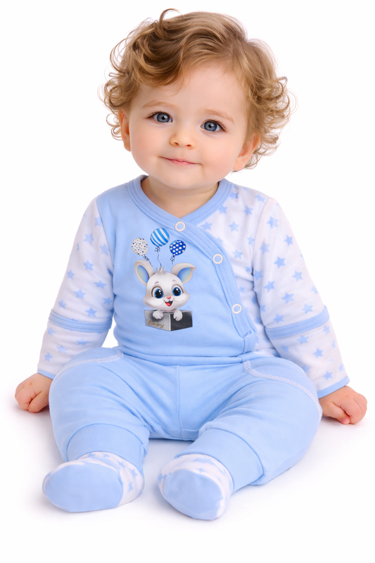 Body und Hose Baby Anzug Wickelbody in Blau mit Sternchen und Hasen