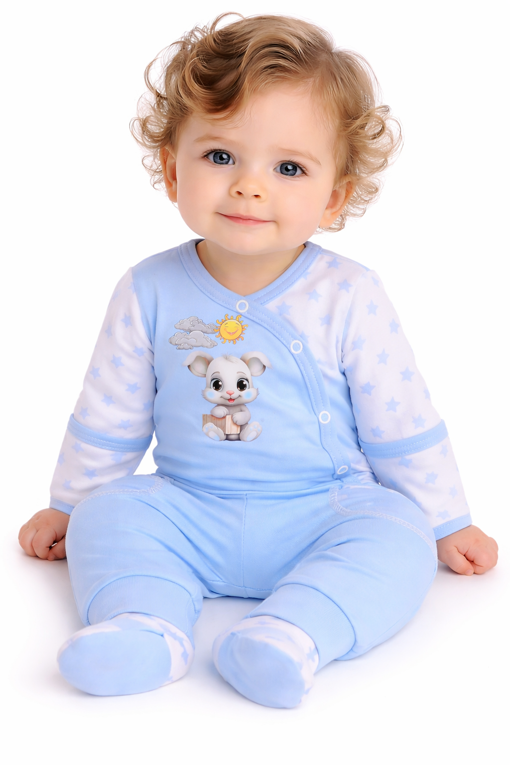 Body und Hose Baby Anzug Wickelbody in Blau mit Hasen