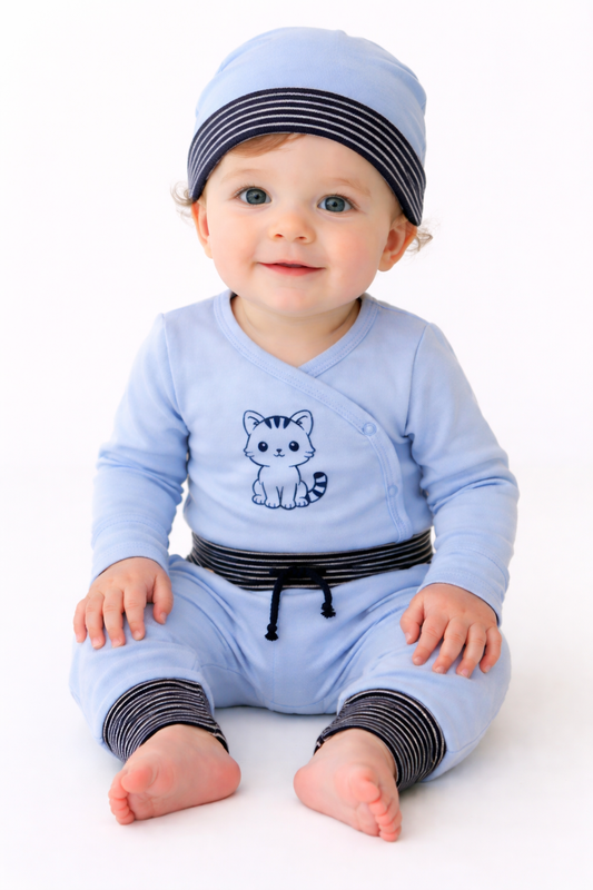 Baby Anzug 3-teilig Wickelbody Mitwachshose Mütze Set in Blau