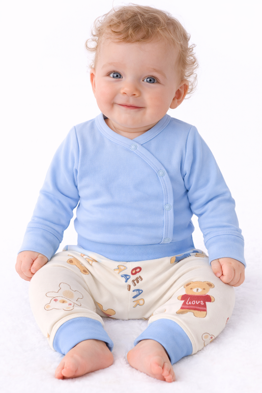 Body und Hose Baby Anzug Wickelbody in Blau mit Bärchen