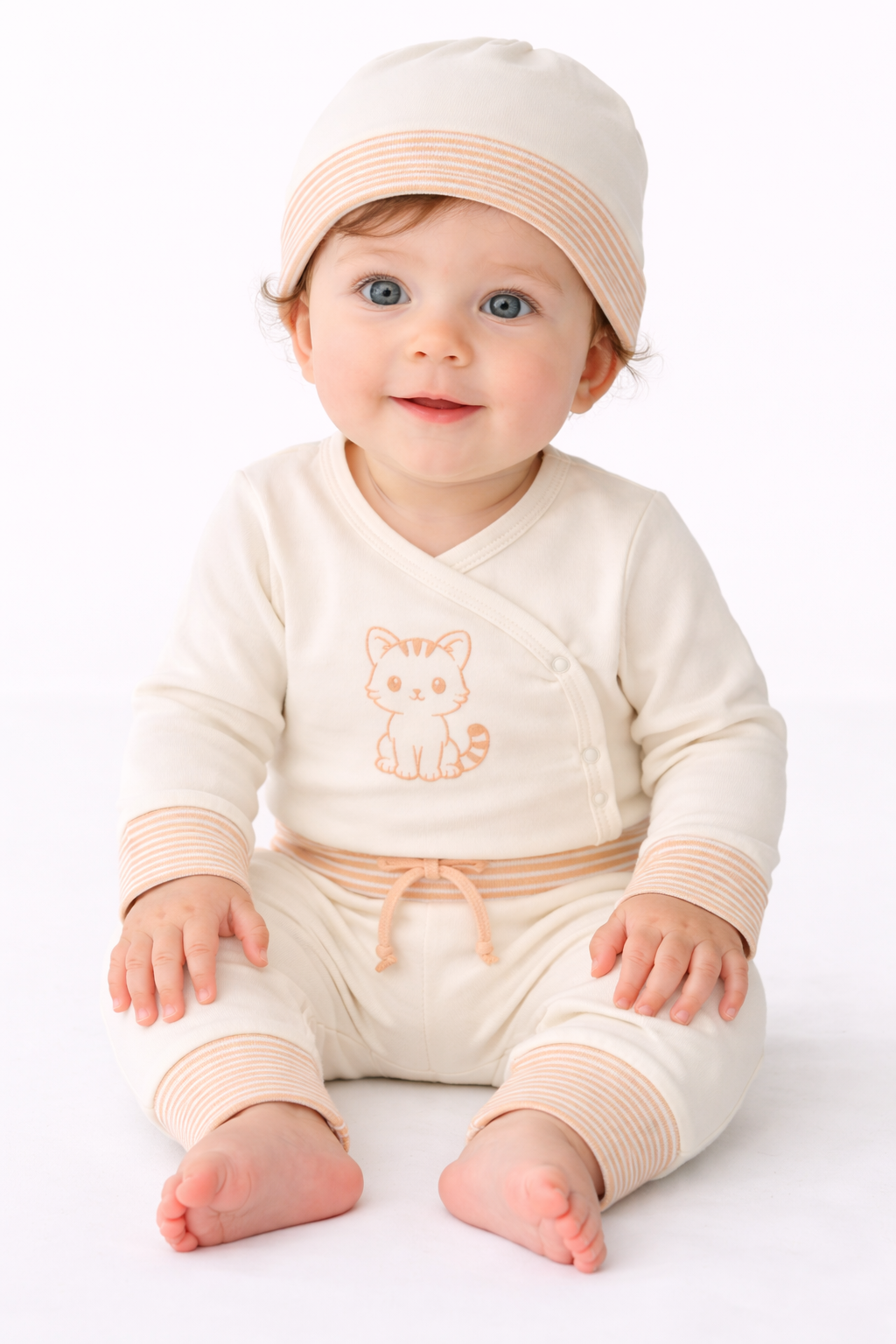 Baby Anzug 3-teilig Wickelbody Mitwachshose Mütze Set in creme