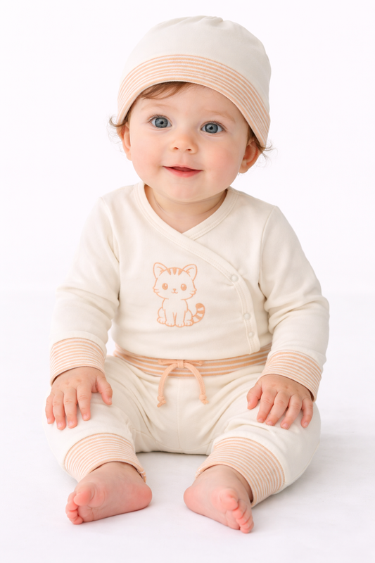 Baby Anzug 3-teilig Wickelbody Mitwachshose Mütze Set in creme