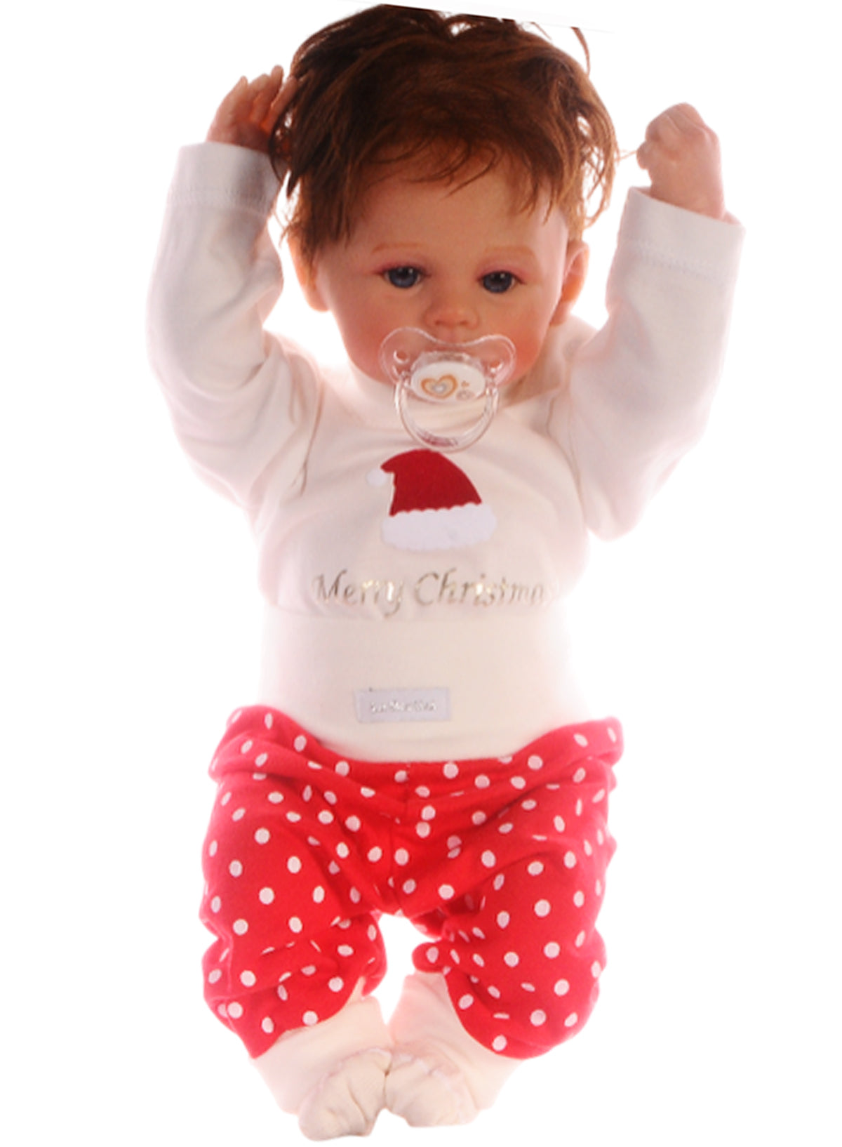 Baby Anzug für Weihnachten Langarmshirt Hose Mütze Socken in Creme Rot