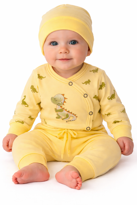 Baby Anzug in Gelb mit Dino Body Hose Mütze