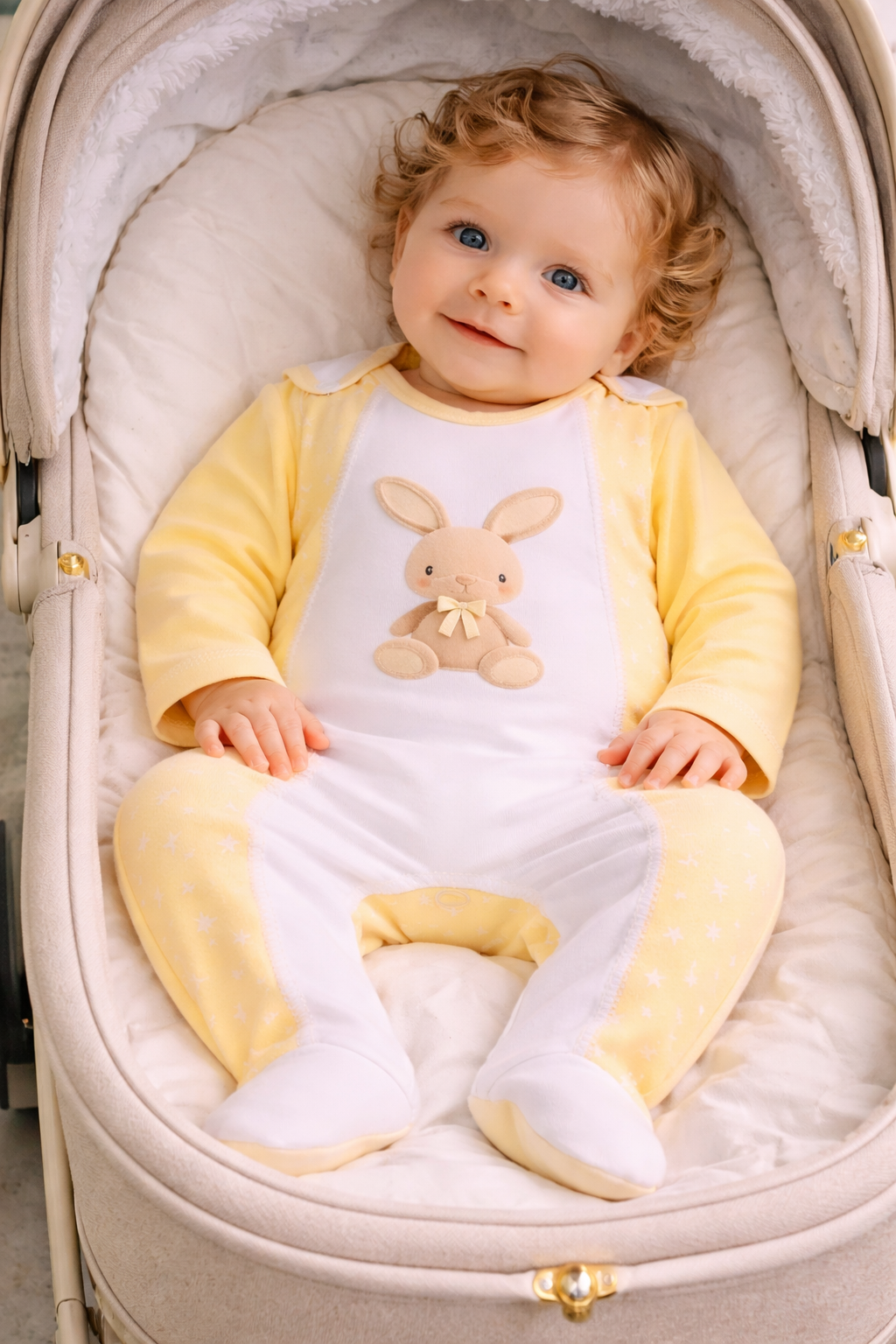 Strampler und Langarmshirt Baby Anzug in Gelb Weiß mit Hasen