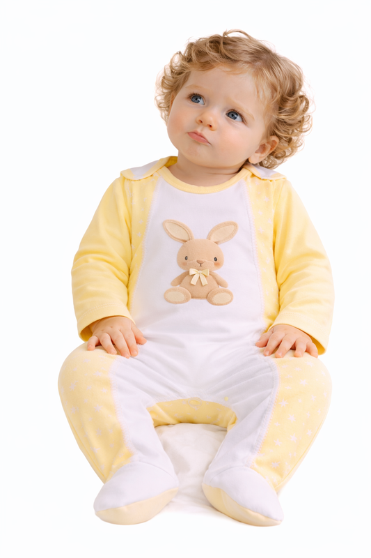 Strampler und Langarmshirt Baby Anzug in Gelb Weiß mit Hasen