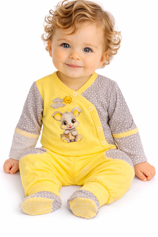 Body und Hose Baby Anzug in Gelb mit Hasen